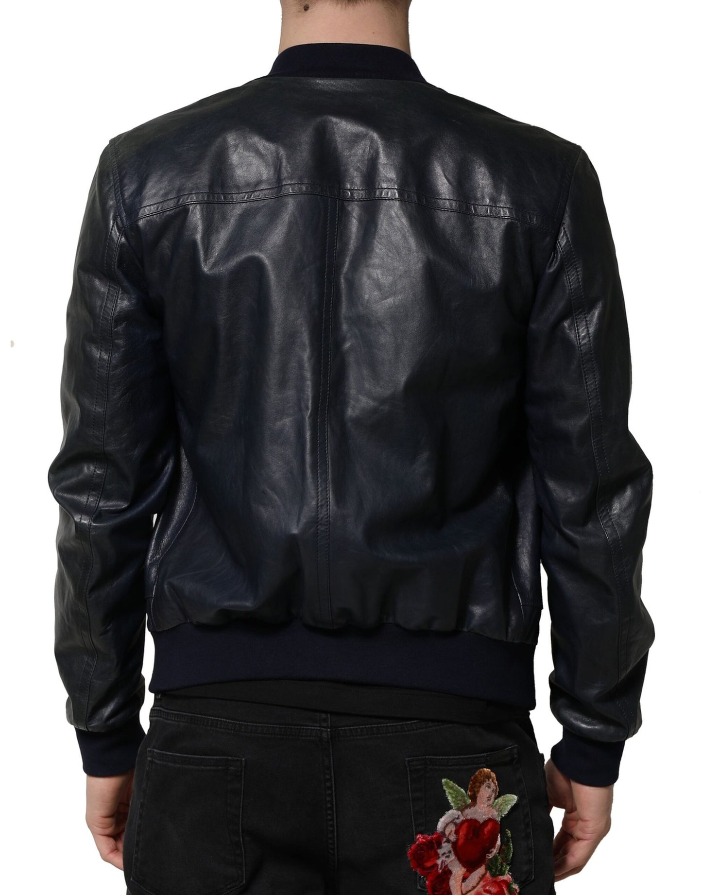 Dolce &amp; Gabbana Black Lambskin Leather Biker Full Zip Jacket