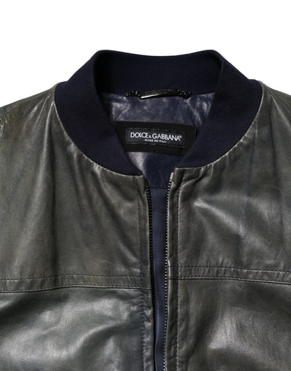 Dolce &amp; Gabbana Black Lambskin Leather Biker Full Zip Jacket