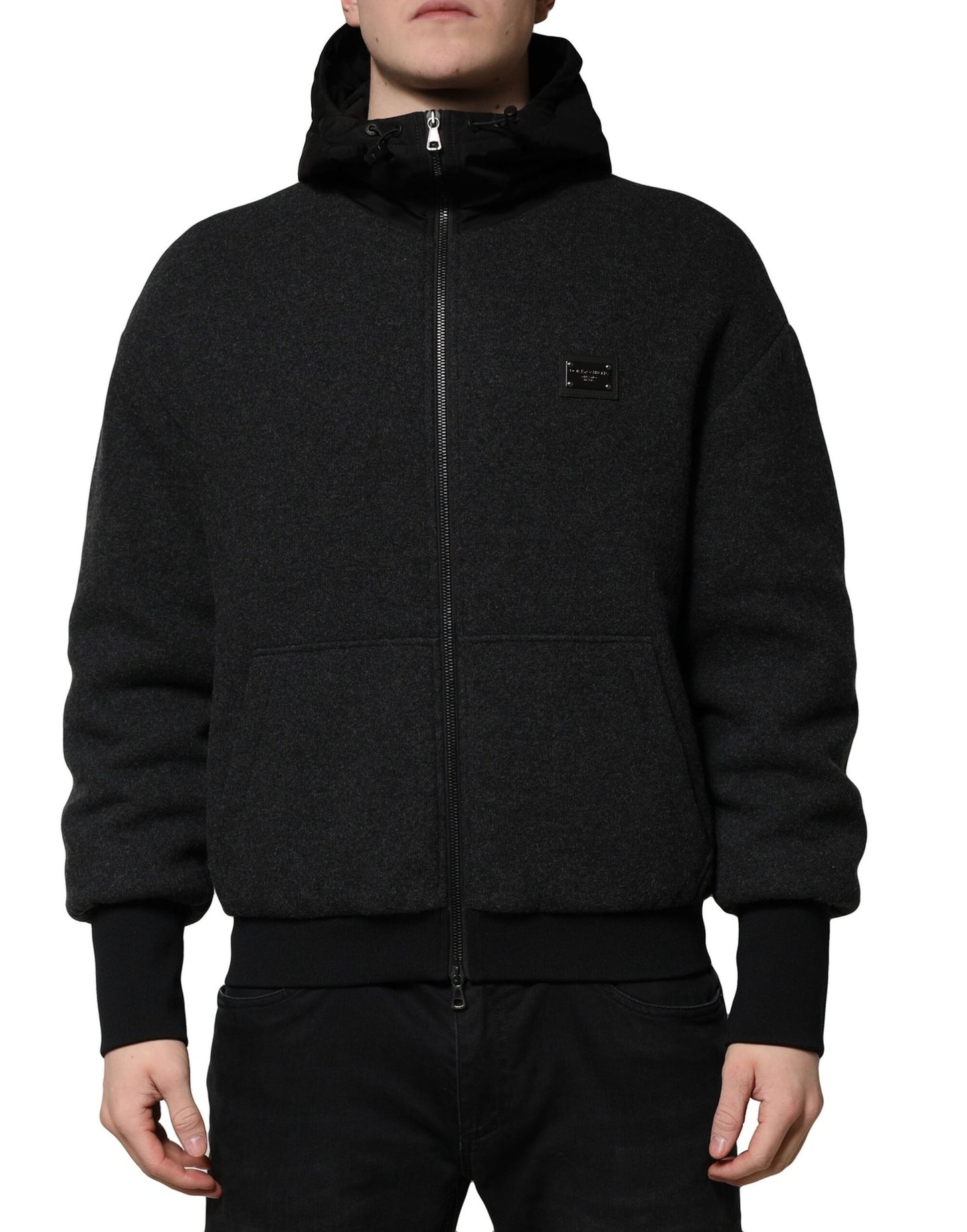 Dolce &amp; Gabbana Black DG Logo Plaque Hooded Bomber Jacket