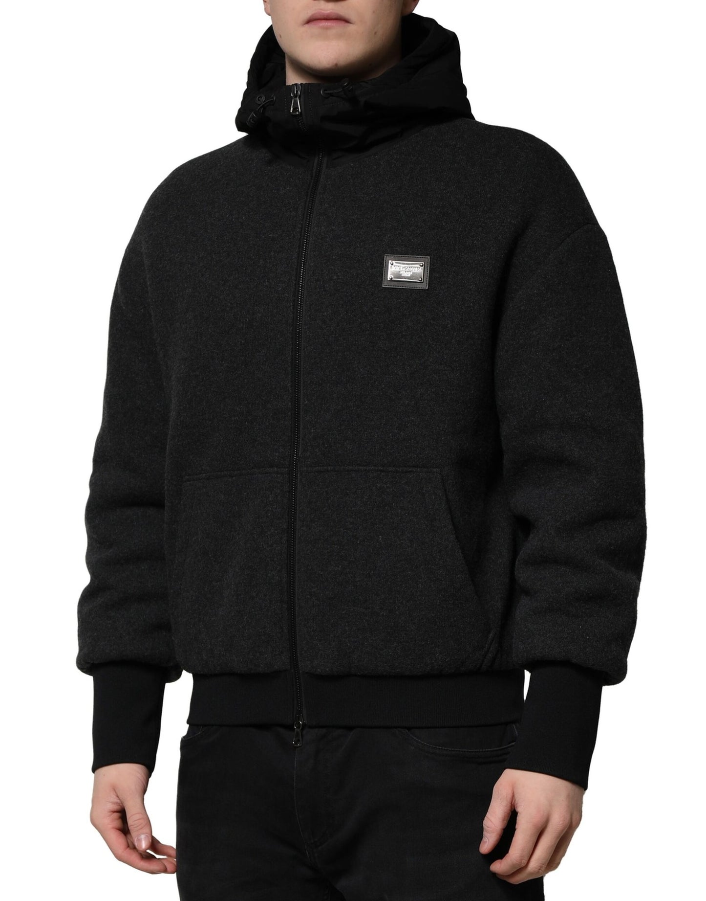 Dolce &amp; Gabbana Black DG Logo Plaque Hooded Bomber Jacket