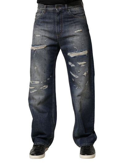 Dolce & Gabbana Blue Washed Tattered Cotton Men Jeans by Dolce & Gabbana
