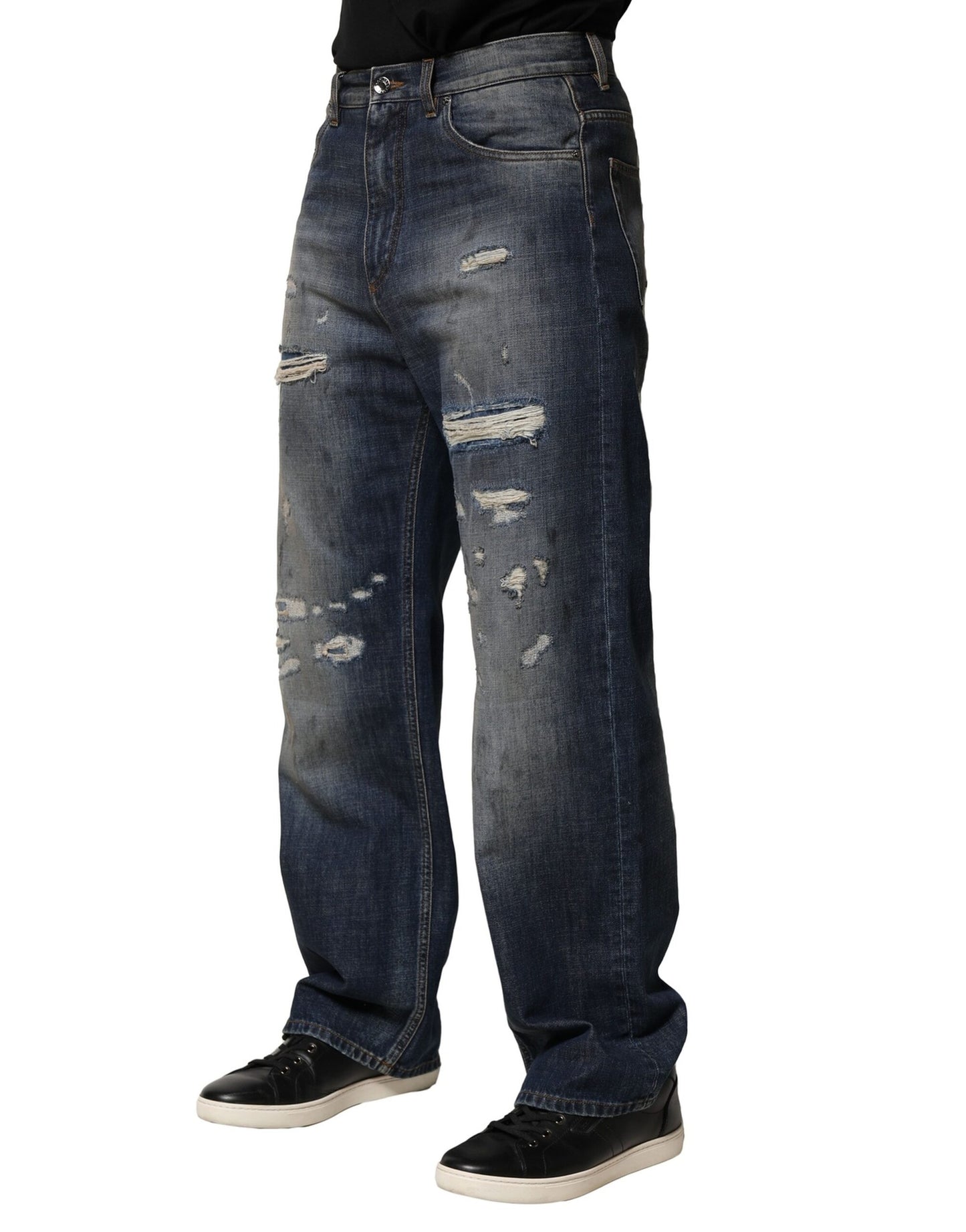 Dolce & Gabbana Blue Washed Tattered Cotton Men Jeans by Dolce & Gabbana