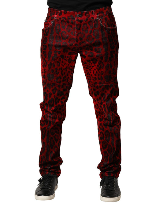 Jean skinny en coton à imprimé léopard rouge Dolce &amp; Gabbana