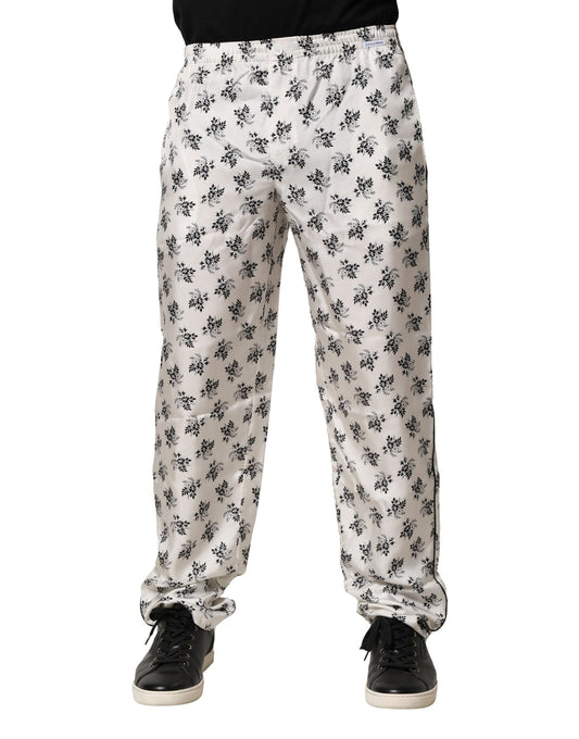 Pantalon de détente décontracté en soie à fleurs blanches Dolce &amp; Gabbana