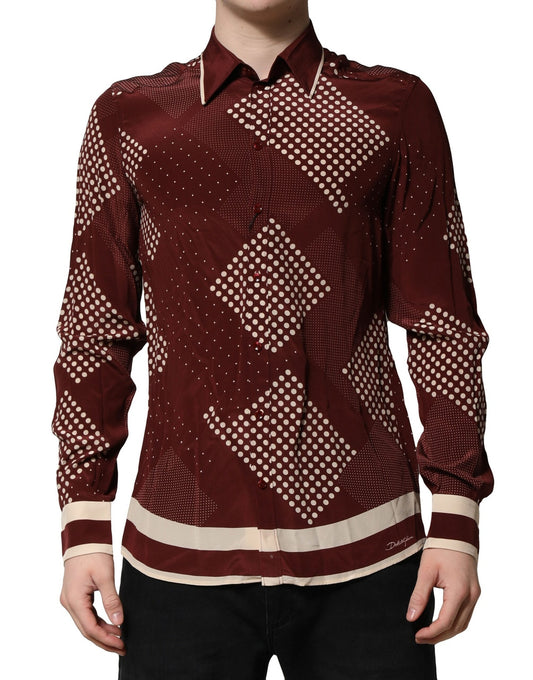 Dolce & Gabbana Maroon Dotted Silk Long Sleeve Casual Shirt by Dolce & Gabbana