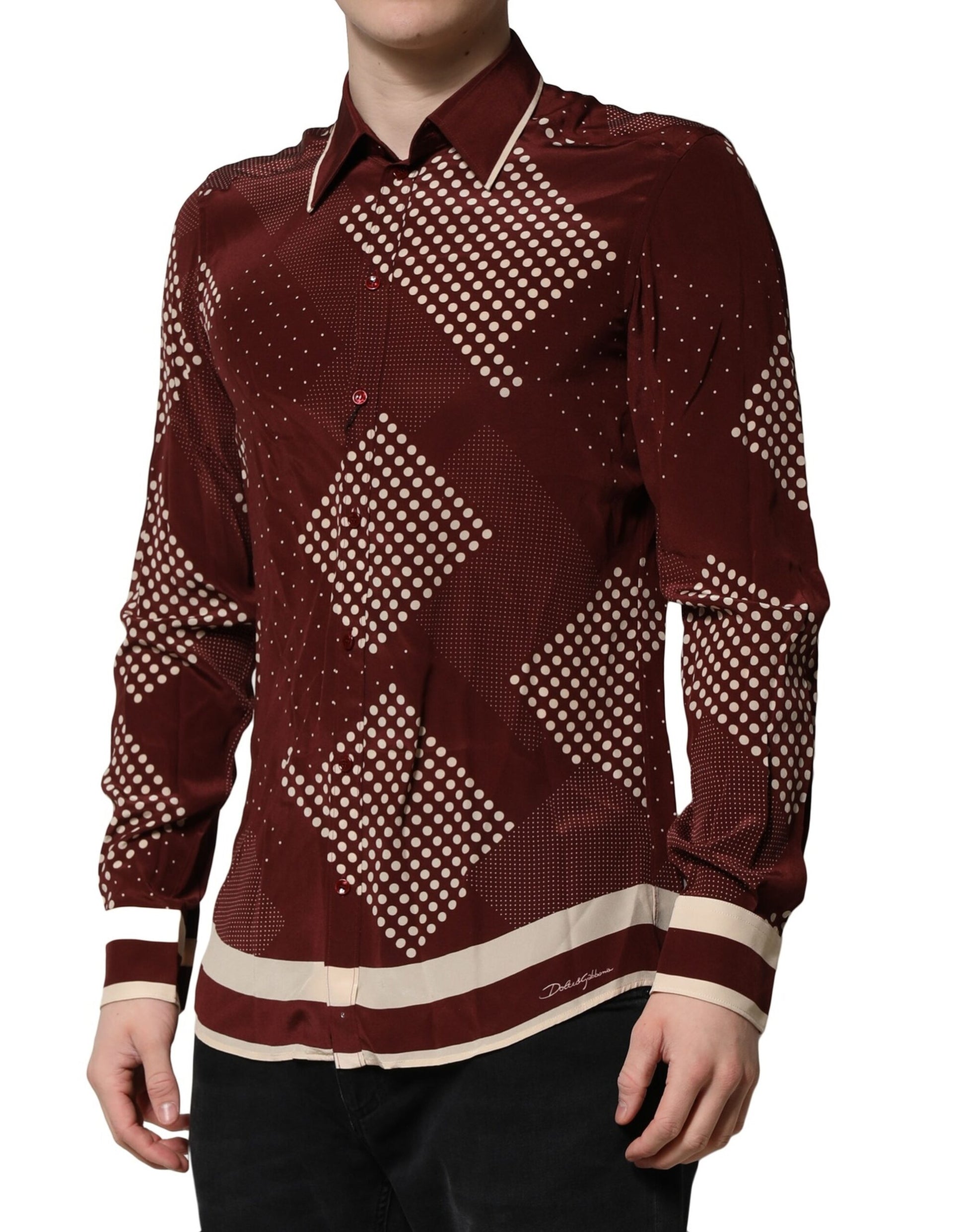 Dolce & Gabbana Maroon Dotted Silk Long Sleeve Casual Shirt by Dolce & Gabbana