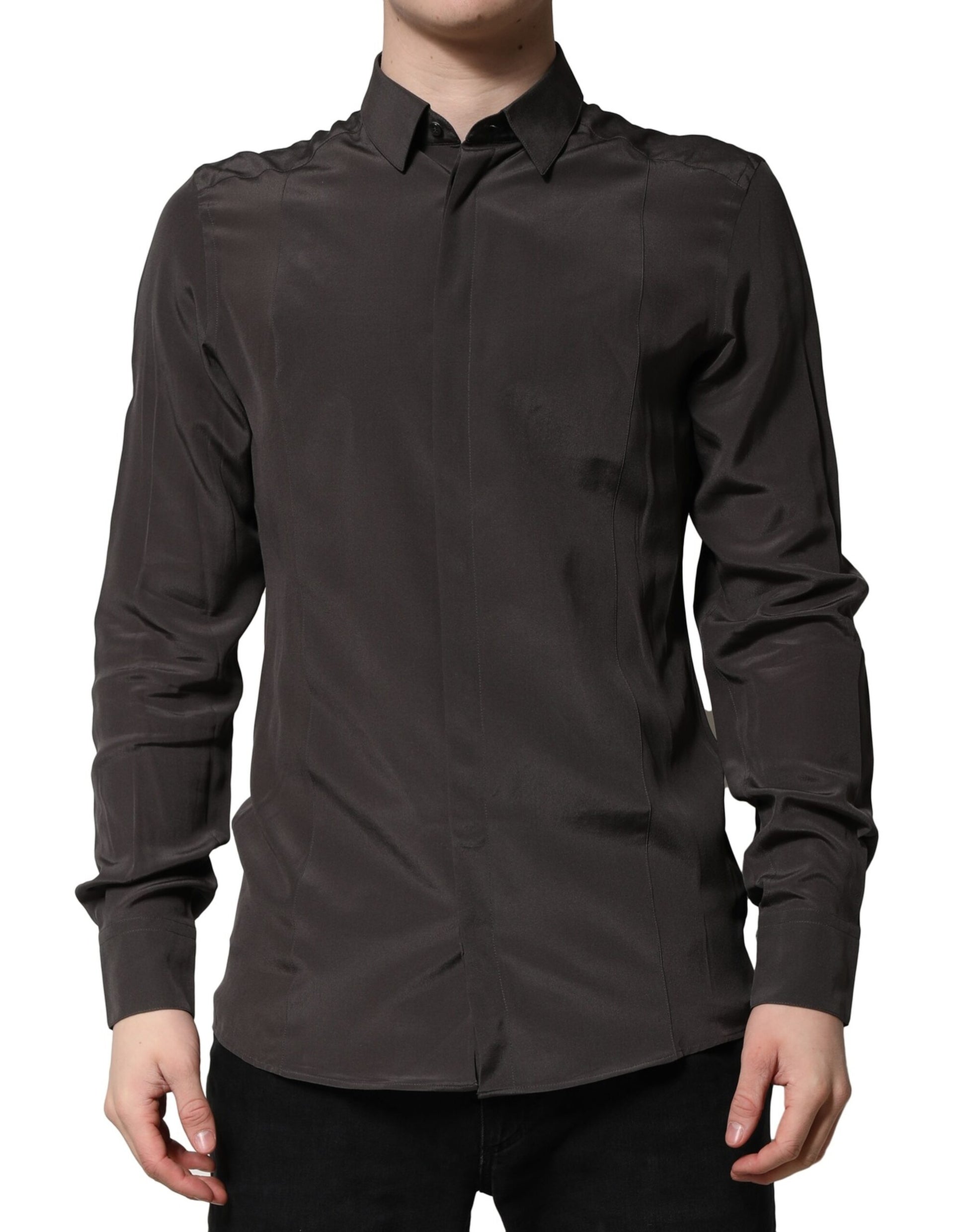 Dolce & Gabbana Dark Brown Silk GOLD Men Dress Formal Shirt by Dolce & Gabbana