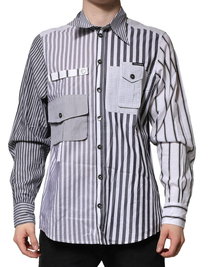 Dolce & Gabbana White Gray Striped Cotton Men Casual Shirt by Dolce & Gabbana