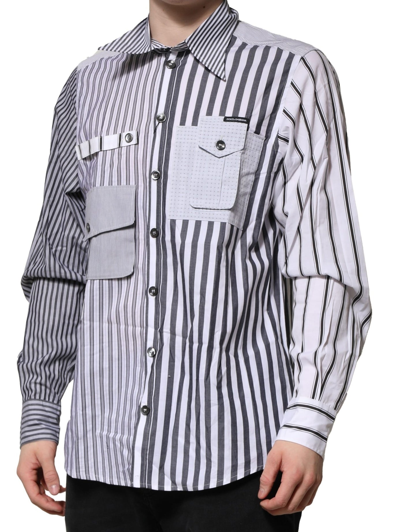 Dolce & Gabbana White Gray Striped Cotton Men Casual Shirt by Dolce & Gabbana