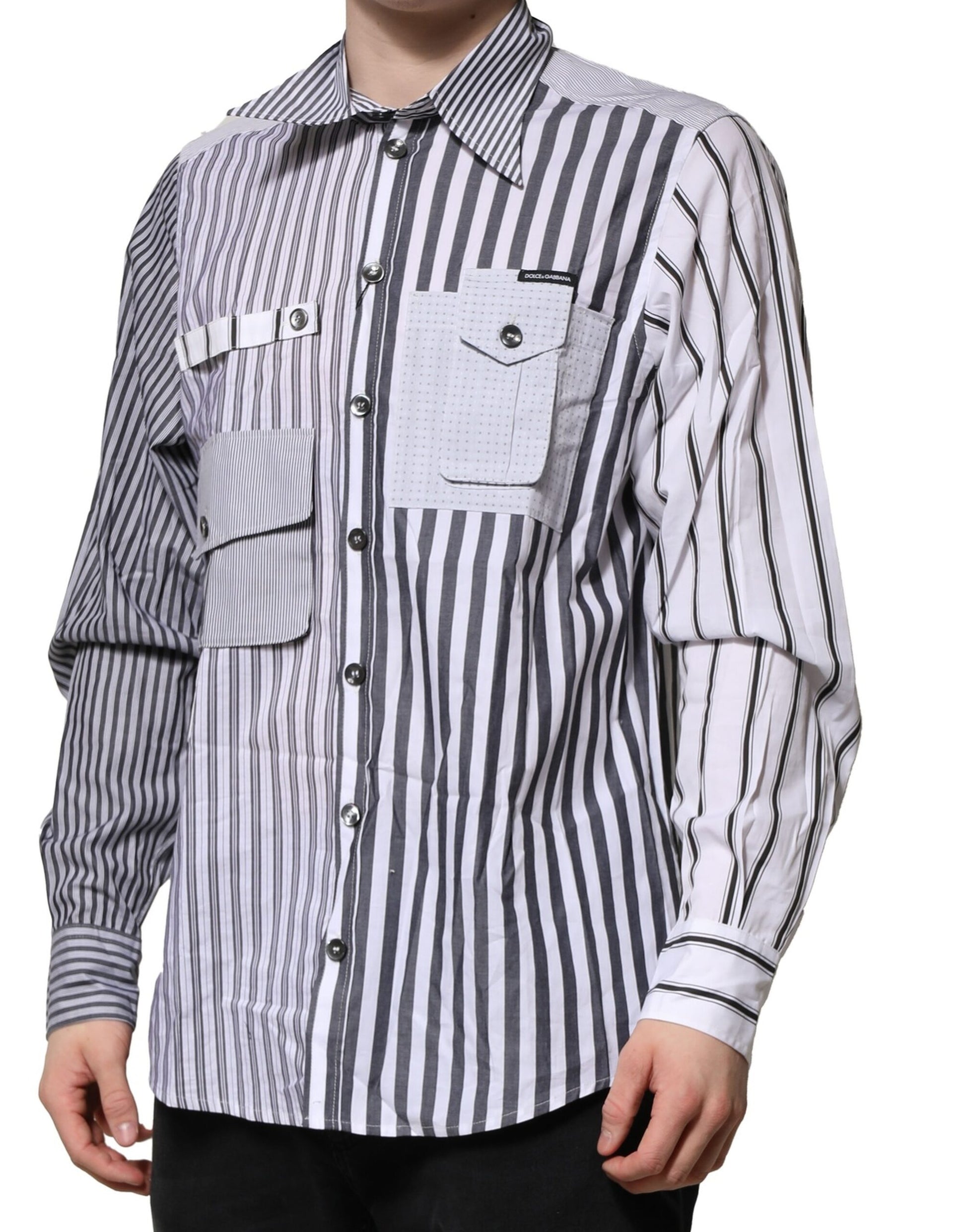 Dolce & Gabbana White Gray Striped Cotton Men Casual Shirt by Dolce & Gabbana