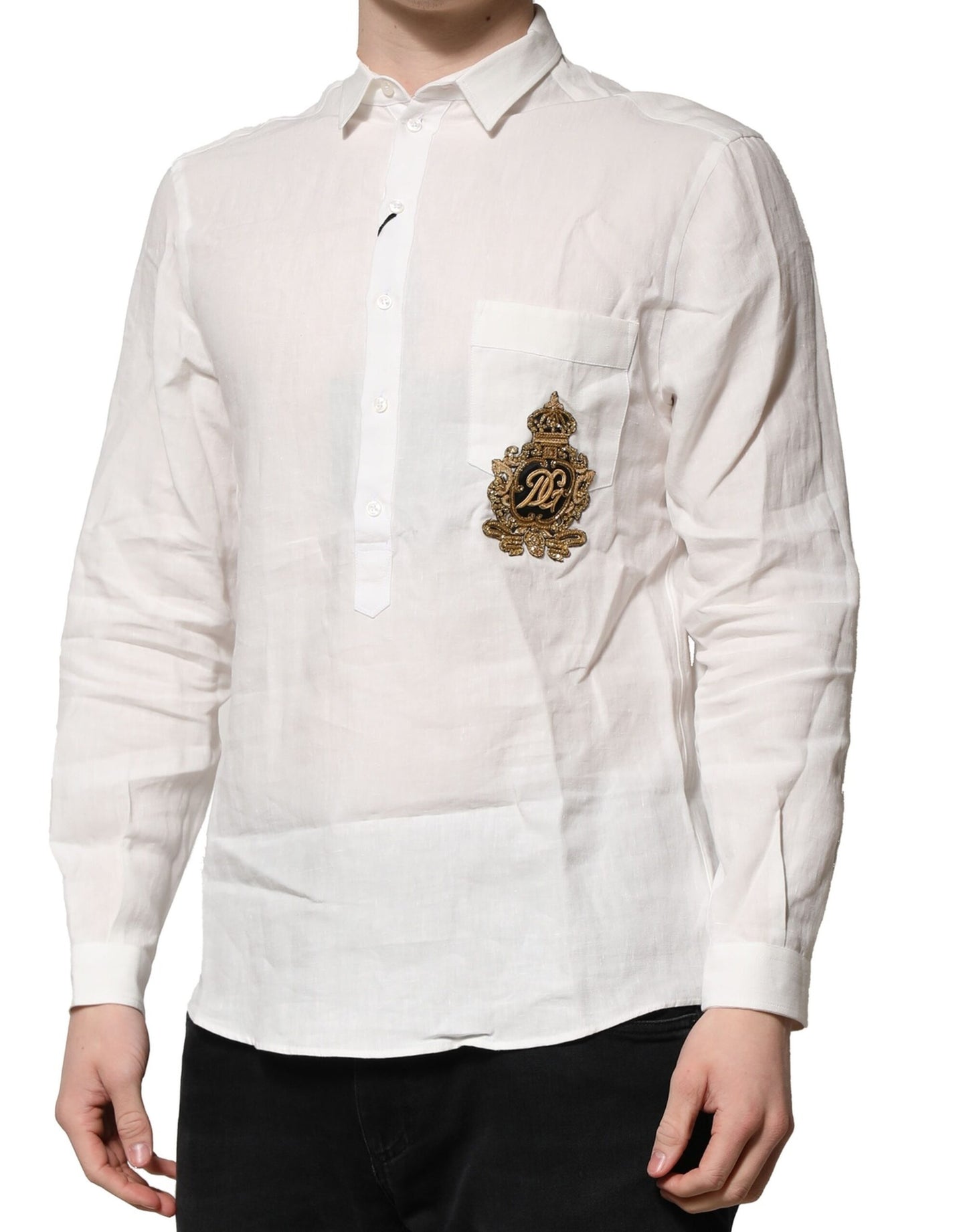 Dolce & Gabbana White DG Crown Embellish Dress Formal Shirt by Dolce & Gabbana
