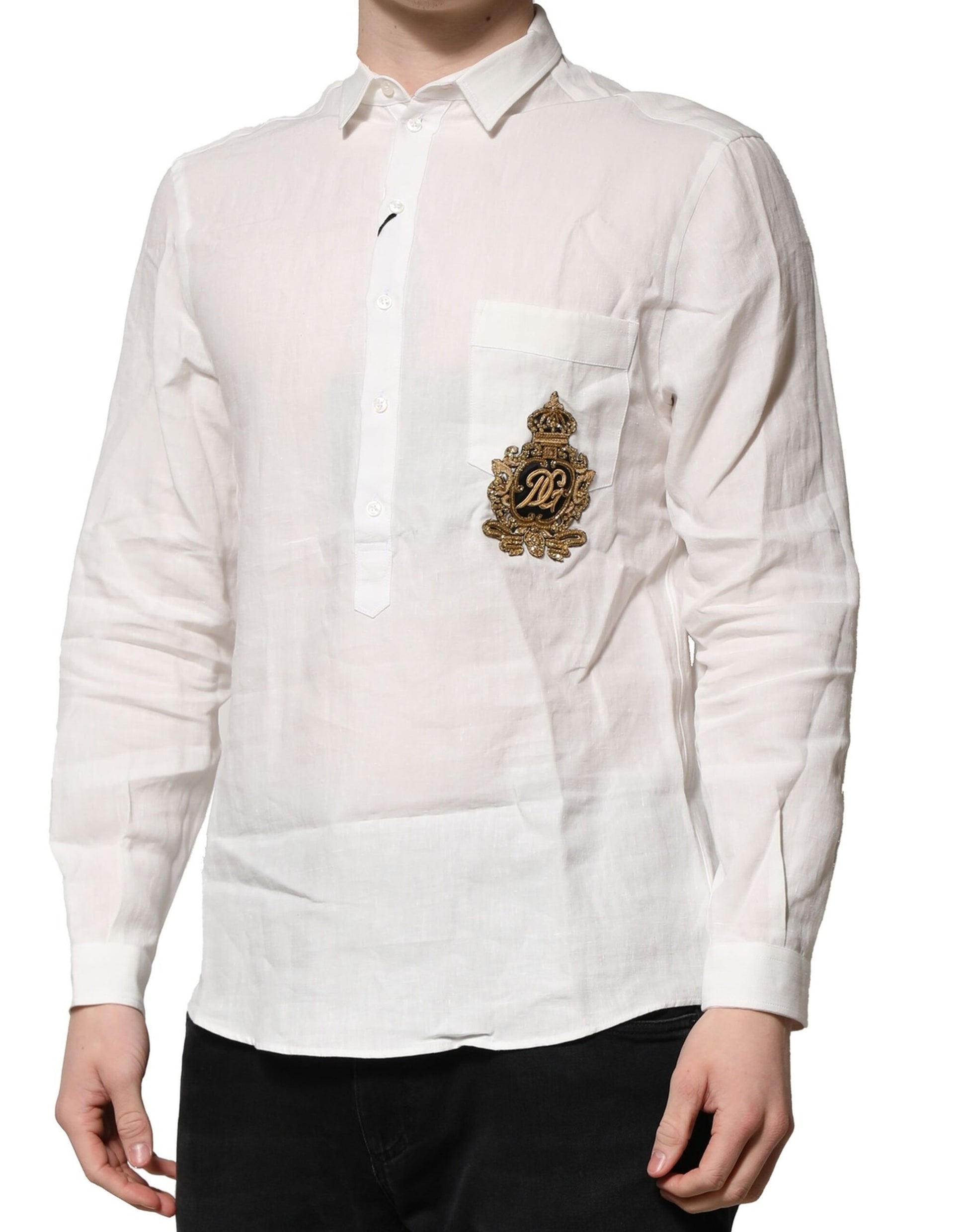 Dolce & Gabbana White DG Crown Embellish Dress Formal Shirt by Dolce & Gabbana