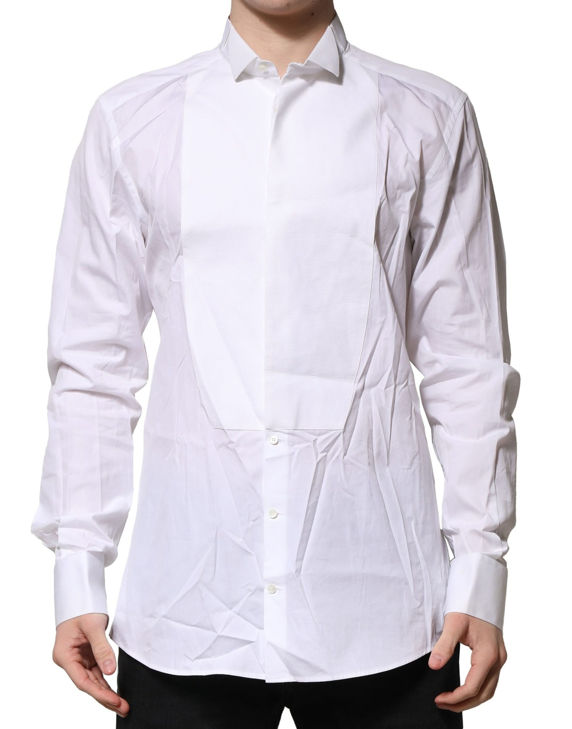 Dolce & Gabbana White GOLD Bib Poplin Dress Men Formal Shirt by Dolce & Gabbana