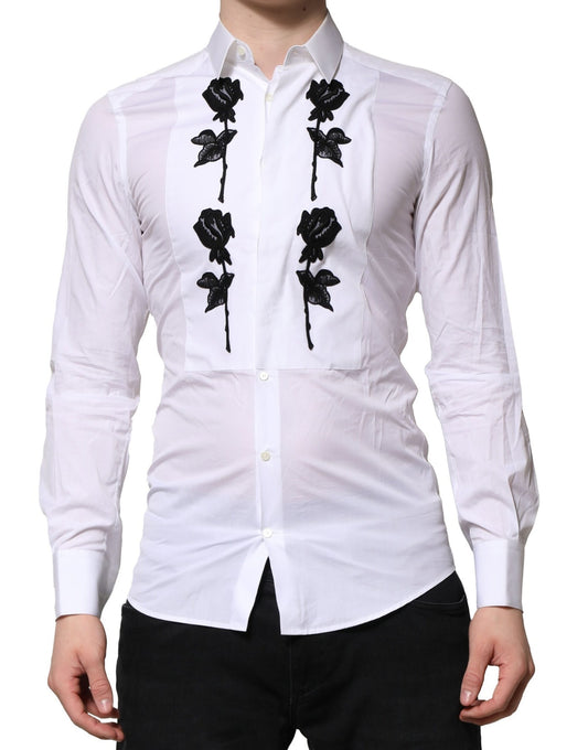 Dolce & Gabbana White Floral Embroidery Men GOLD Formal Shirt by Dolce & Gabbana