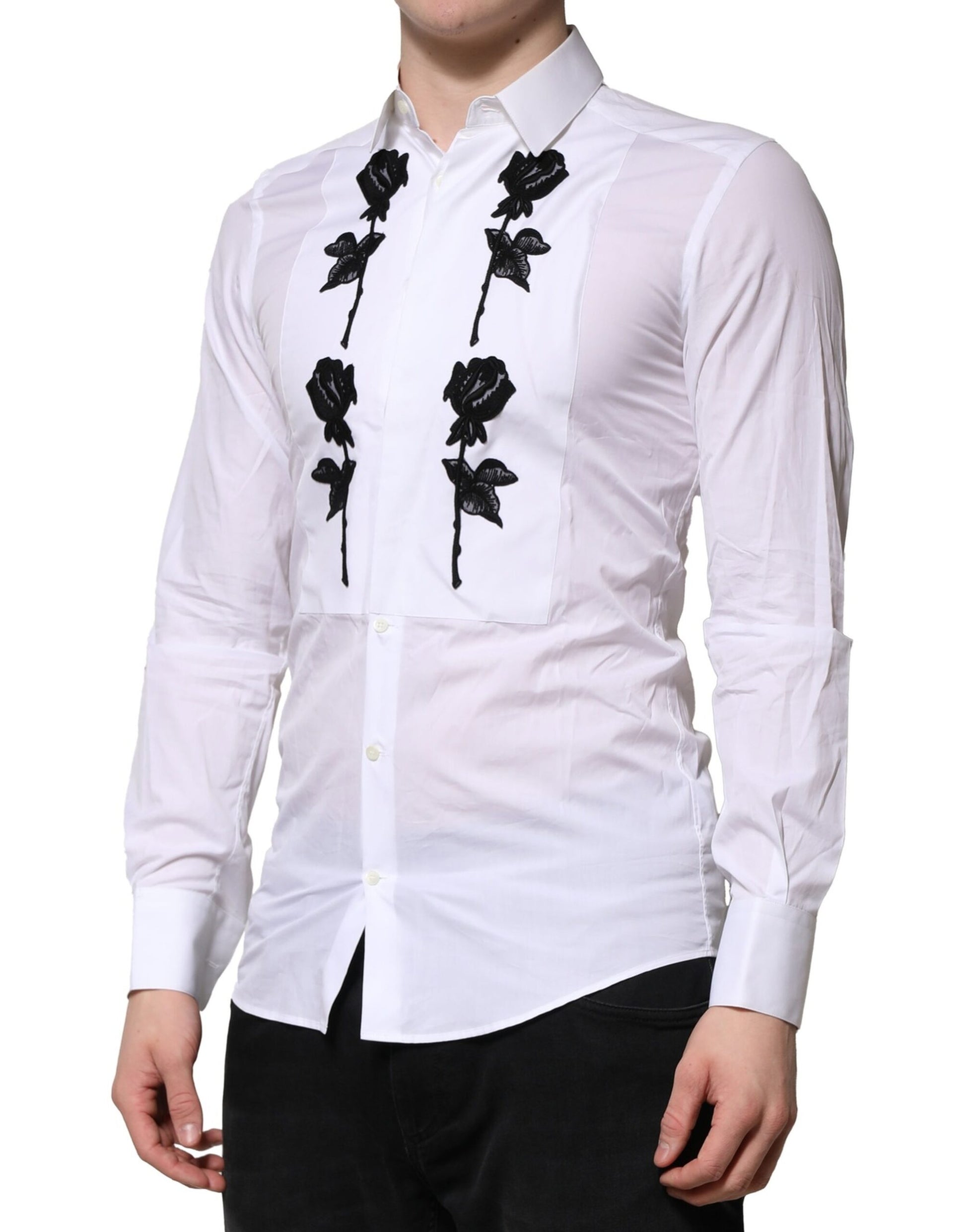 Dolce & Gabbana White Floral Embroidery Men GOLD Formal Shirt by Dolce & Gabbana