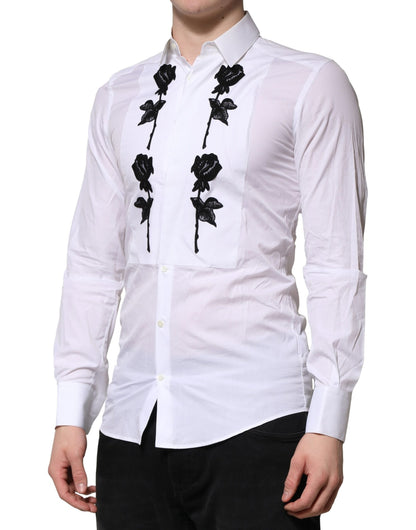 Dolce & Gabbana White Floral Embroidery Men GOLD Formal Shirt by Dolce & Gabbana
