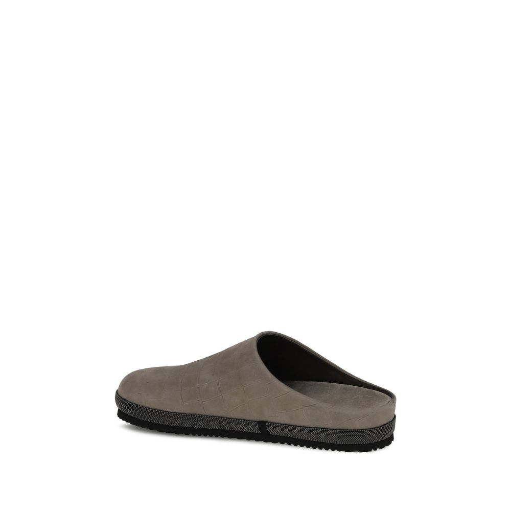 Brunello Cucinelli Leather Mules Croc Effect Jewel Trim