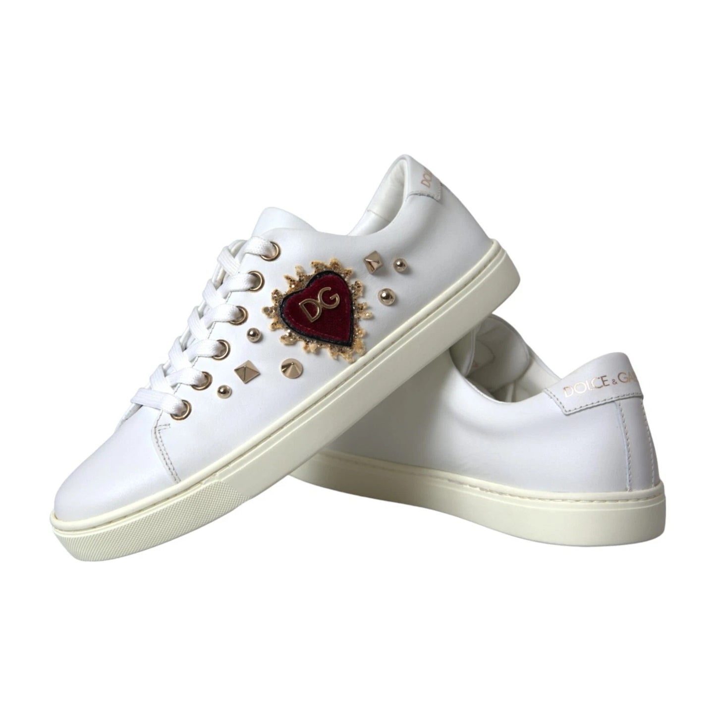 Dolce & Gabbana White Leather Gold Red Heart Sneakers Shoes by Dolce & Gabbana