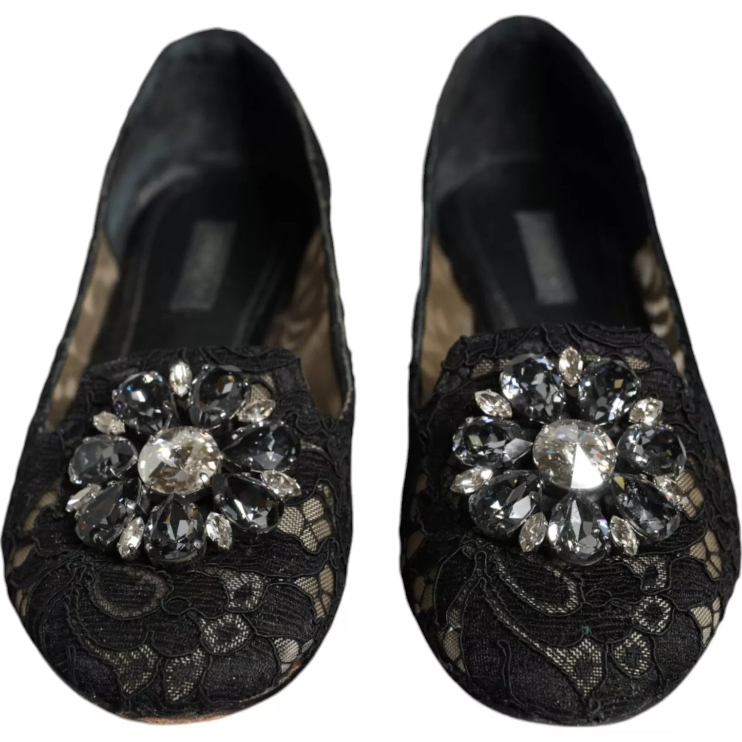 Dolce &amp; Gabbana Black Lace Crystal Ballet Flats Loafer Shoes