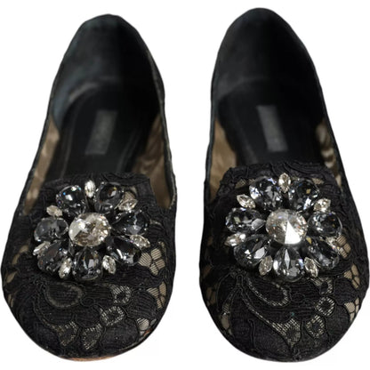 Dolce &amp; Gabbana Black Lace Crystal Ballet Flats Loafer Shoes