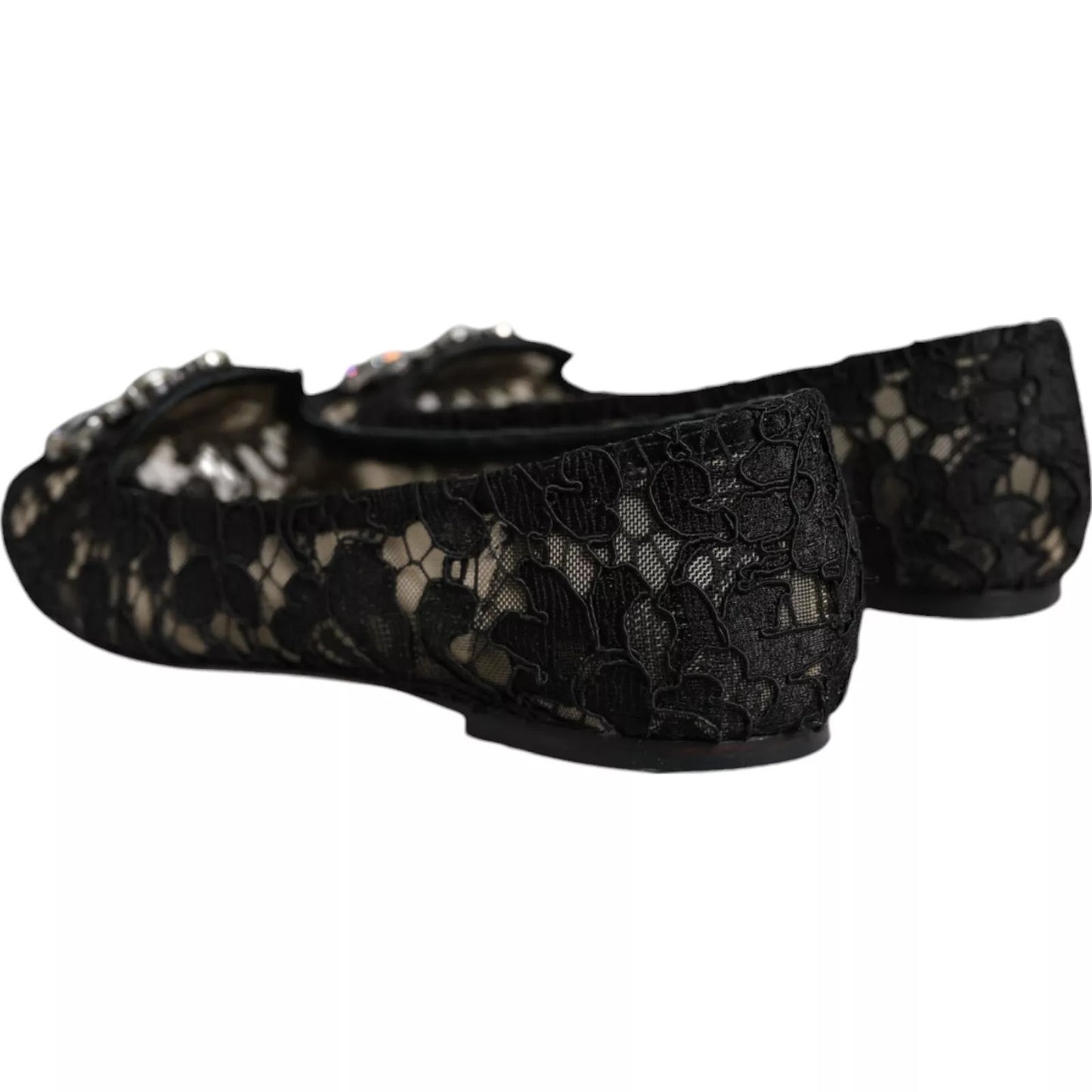 Dolce &amp; Gabbana Black Lace Crystal Ballet Flats Loafer Shoes