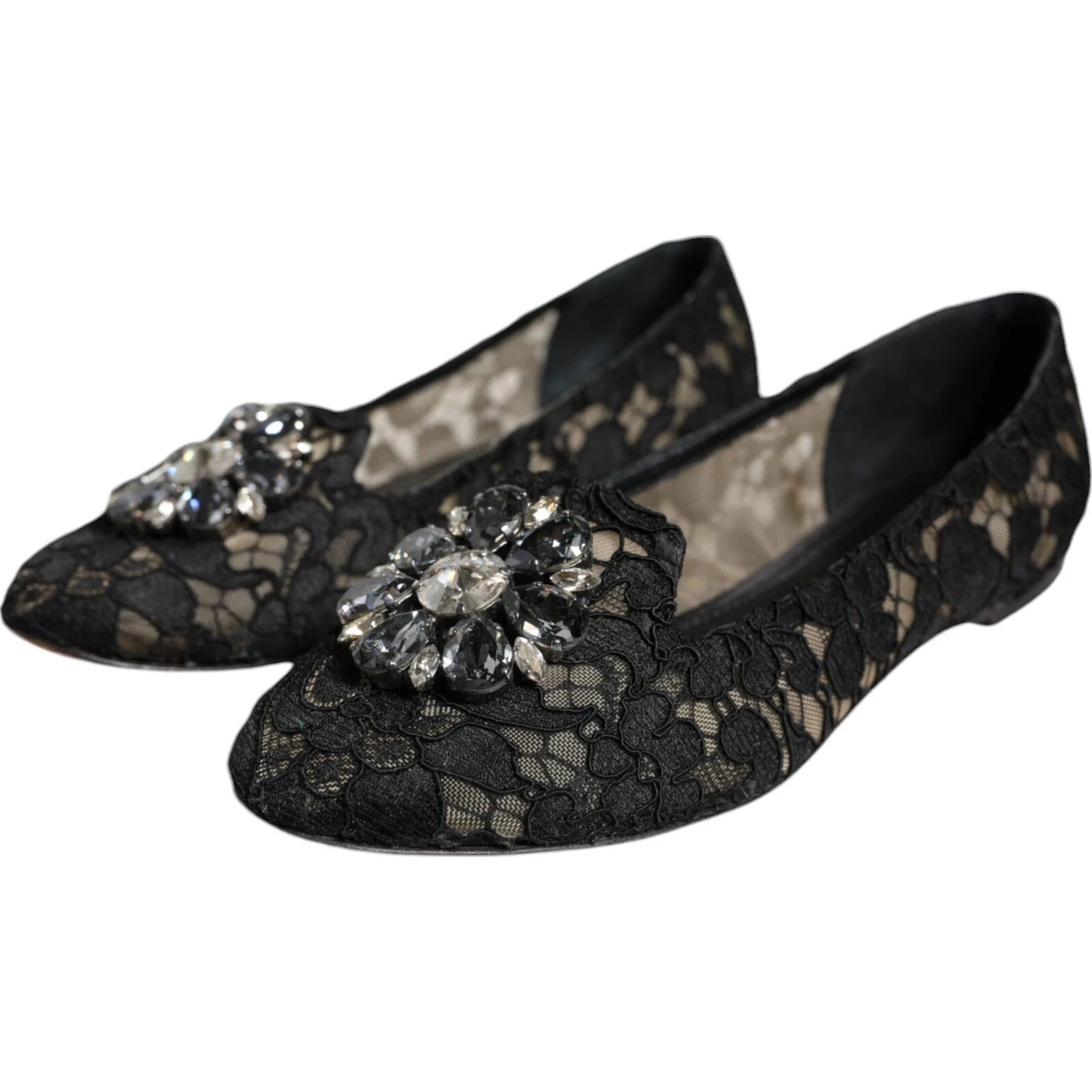 Dolce &amp; Gabbana Black Lace Crystal Ballet Flats Loafer Shoes