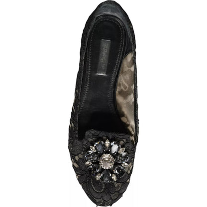 Dolce &amp; Gabbana Black Lace Crystal Ballet Flats Loafer Shoes