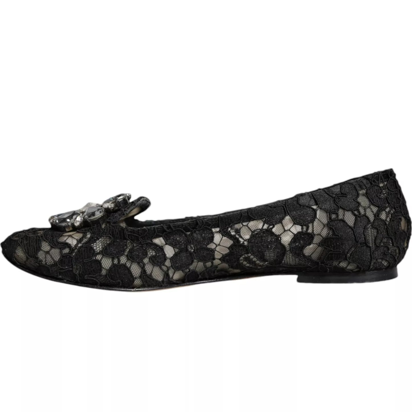 Dolce &amp; Gabbana Black Lace Crystal Ballet Flats Loafer Shoes