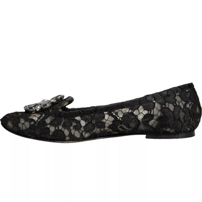 Dolce &amp; Gabbana Black Lace Crystal Ballet Flats Loafer Shoes