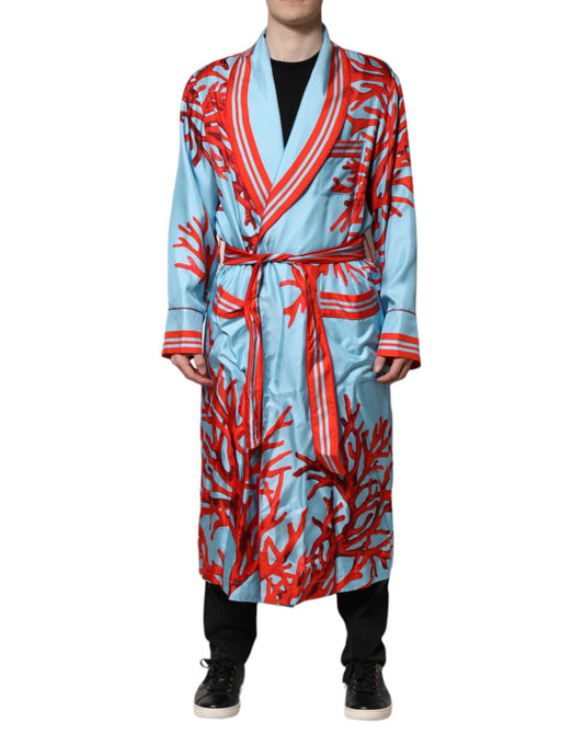 Dolce &amp; Gabbana Blue Red Coral Print Wrap Robe Coat Jacket