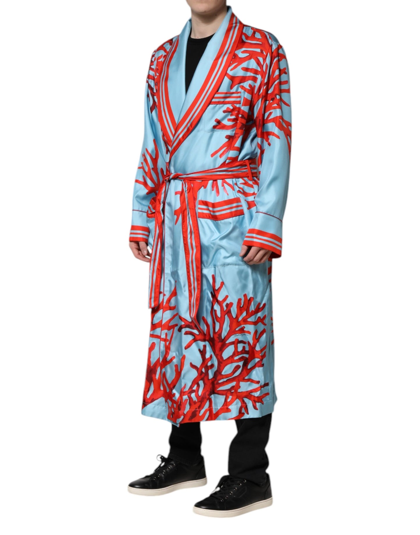 Dolce &amp; Gabbana Blue Red Coral Print Wrap Robe Coat Jacket