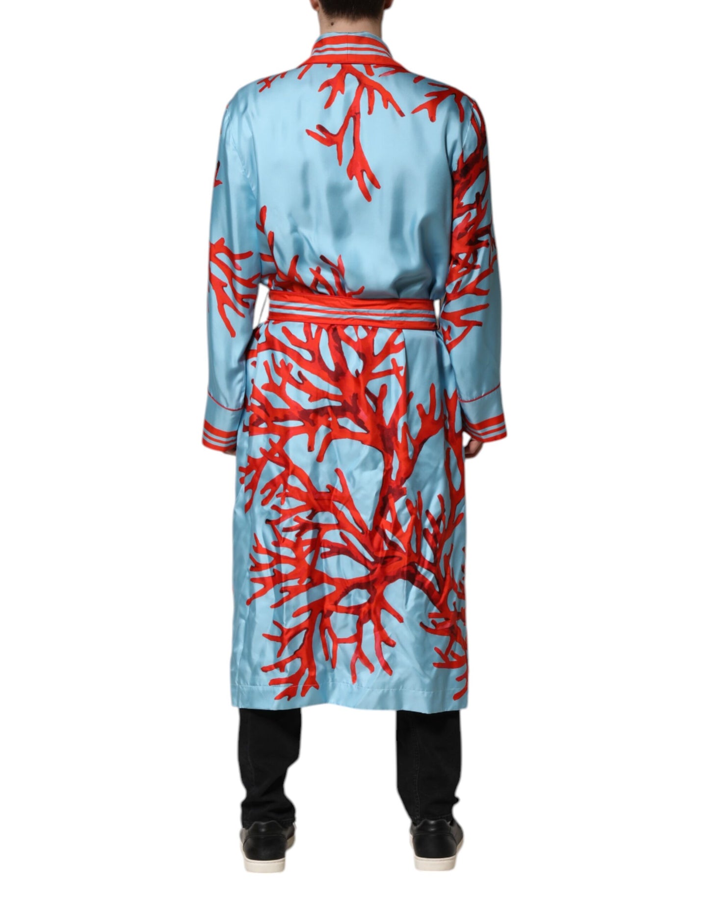 Dolce &amp; Gabbana Blue Red Coral Print Wrap Robe Coat Jacket