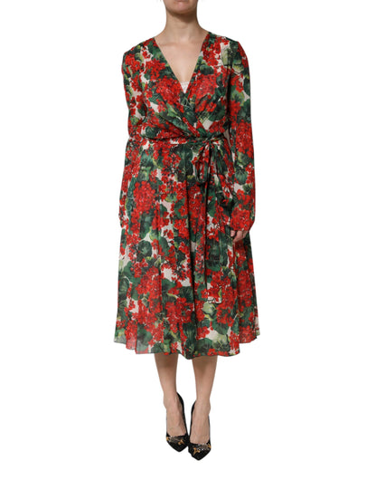 Dolce &amp; Gabbana Multicolor Floral Long Sleeves V-neck Dress
