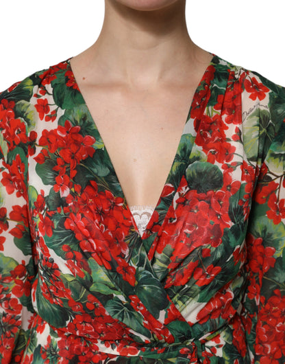 Dolce &amp; Gabbana Multicolor Floral Long Sleeves V-neck Dress