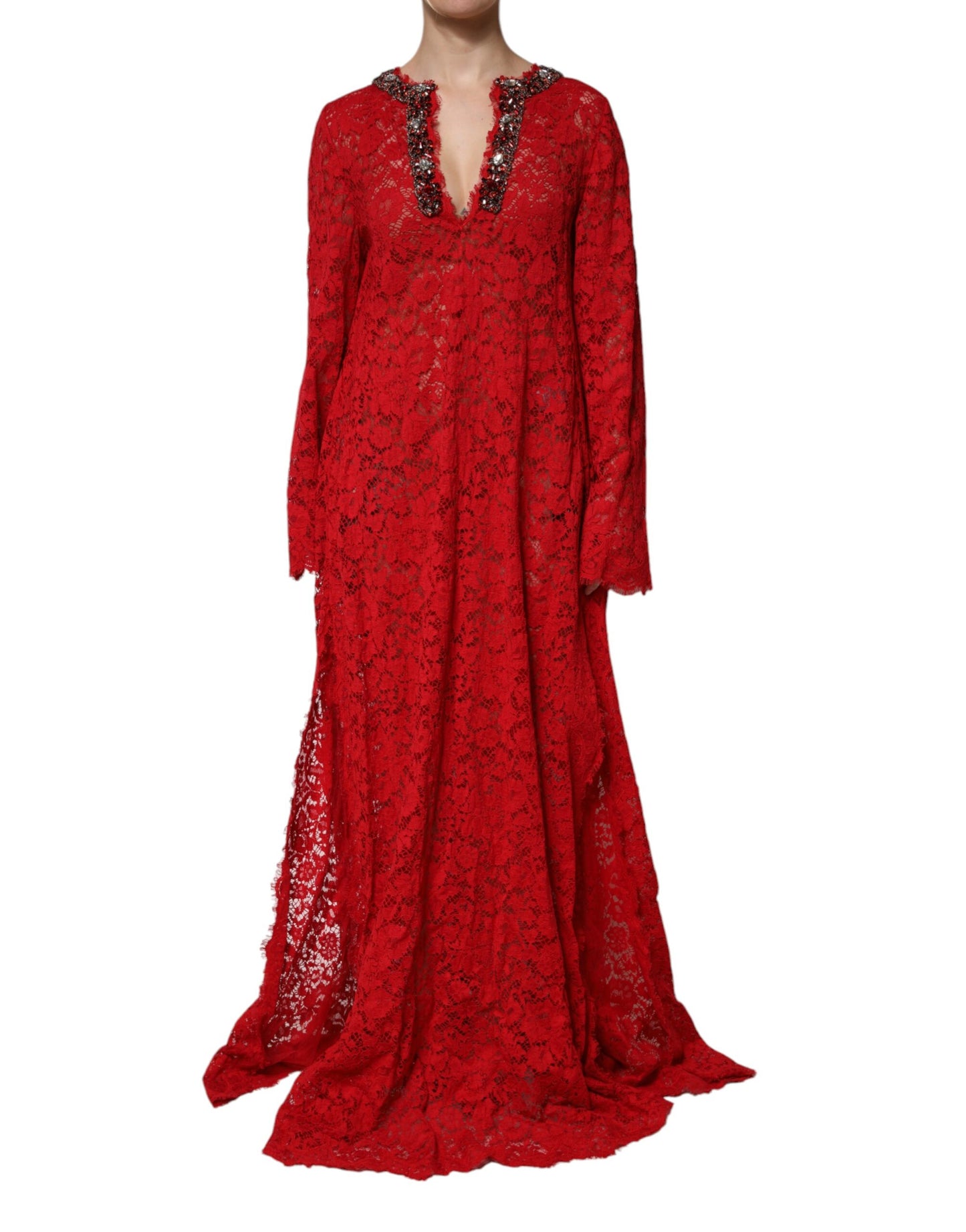 Dolce & Gabbana Red Floral Lace Rhinestone Embellished Dress by Dolce & Gabbana