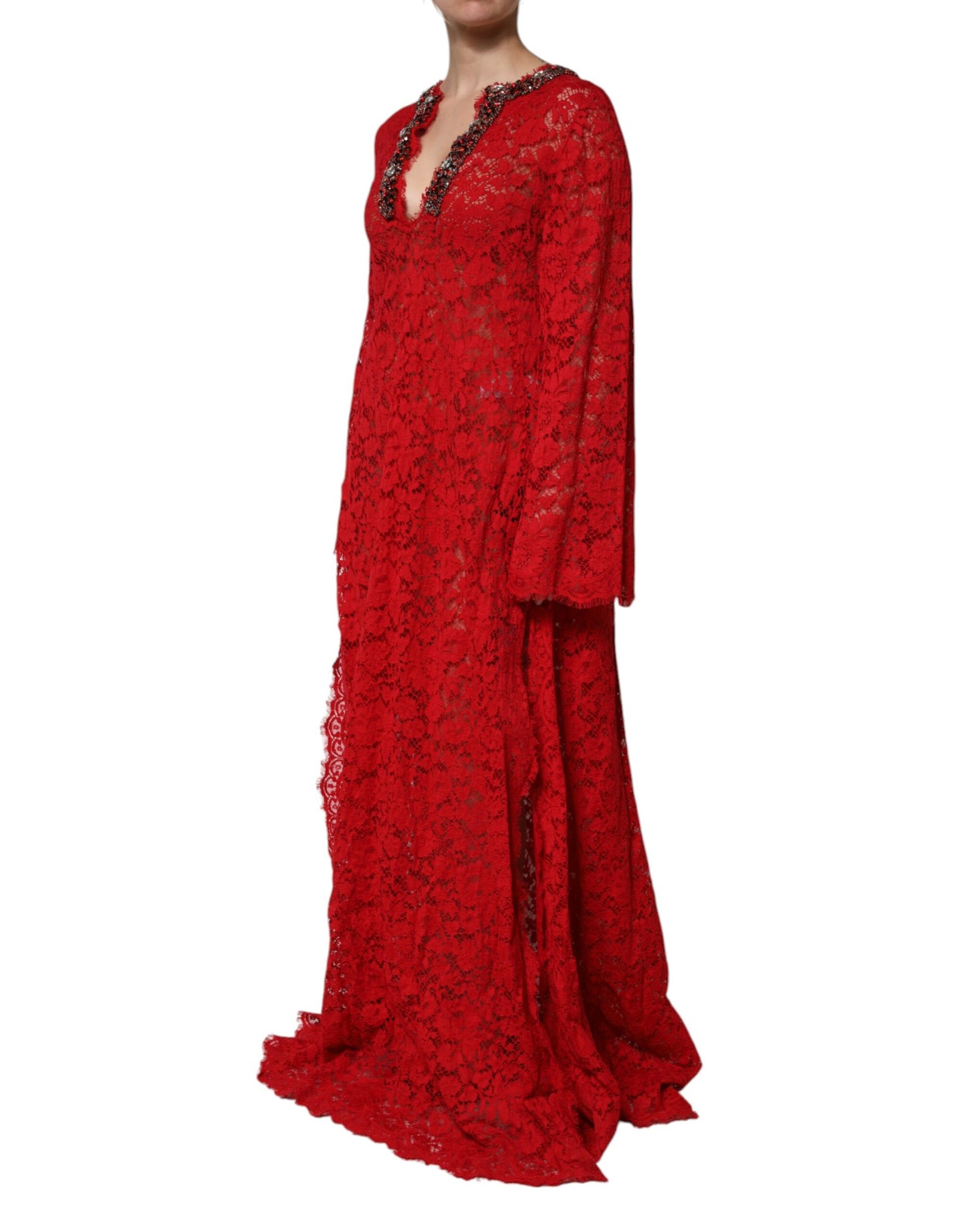 Dolce & Gabbana Red Floral Lace Rhinestone Embellished Dress by Dolce & Gabbana