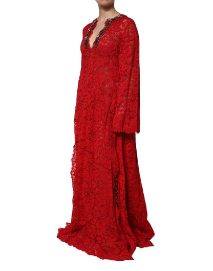 Dolce & Gabbana Red Floral Lace Rhinestone Embellished Dress by Dolce & Gabbana