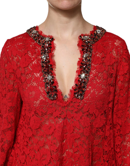Dolce & Gabbana Red Floral Lace Rhinestone Embellished Dress by Dolce & Gabbana