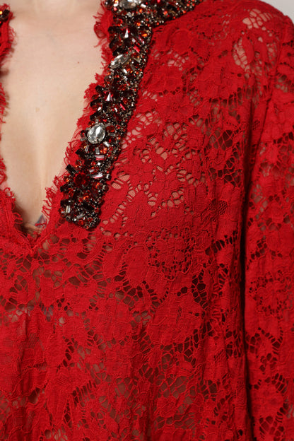 Dolce & Gabbana Red Floral Lace Rhinestone Embellished Dress by Dolce & Gabbana