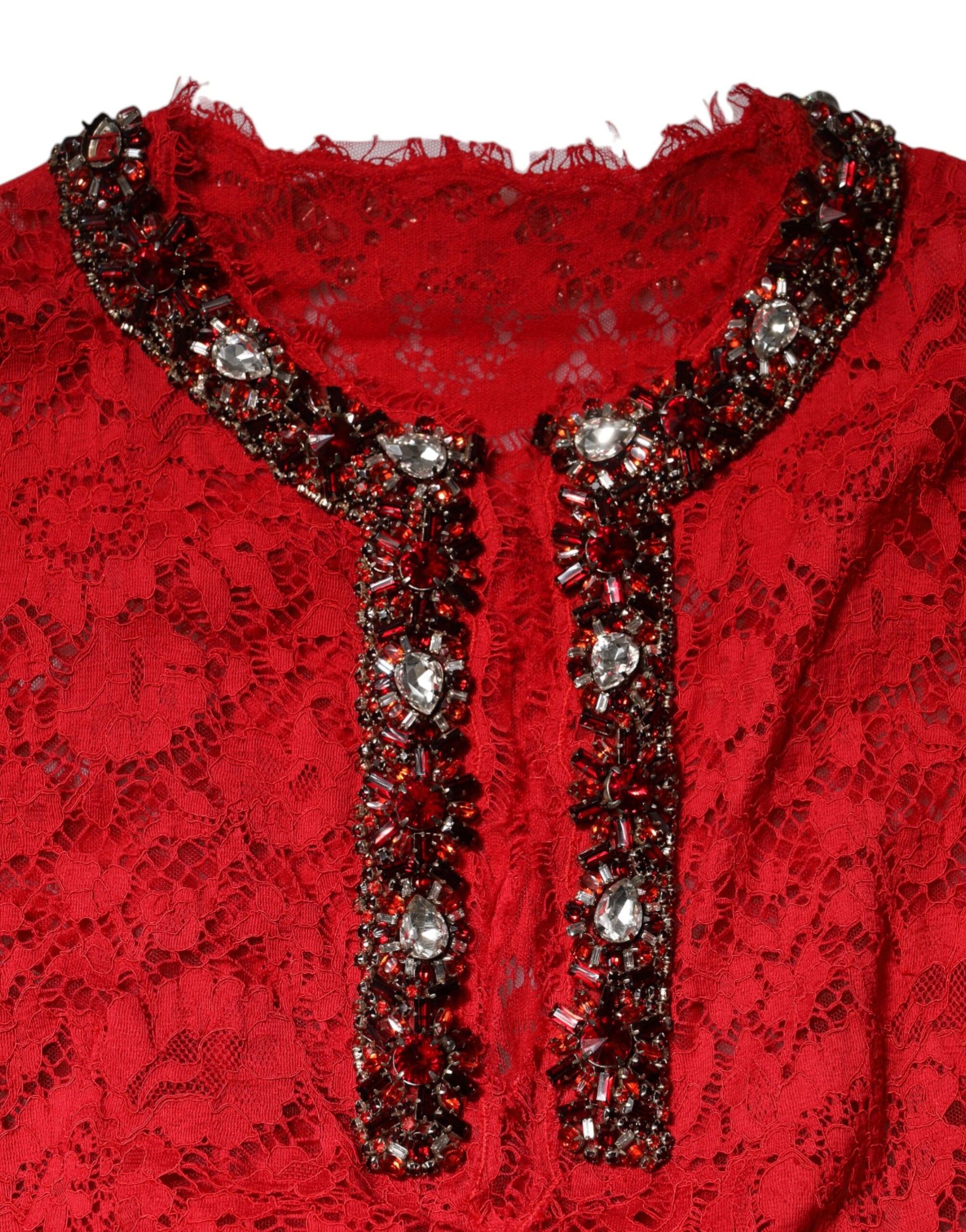 Dolce & Gabbana Red Floral Lace Rhinestone Embellished Dress by Dolce & Gabbana