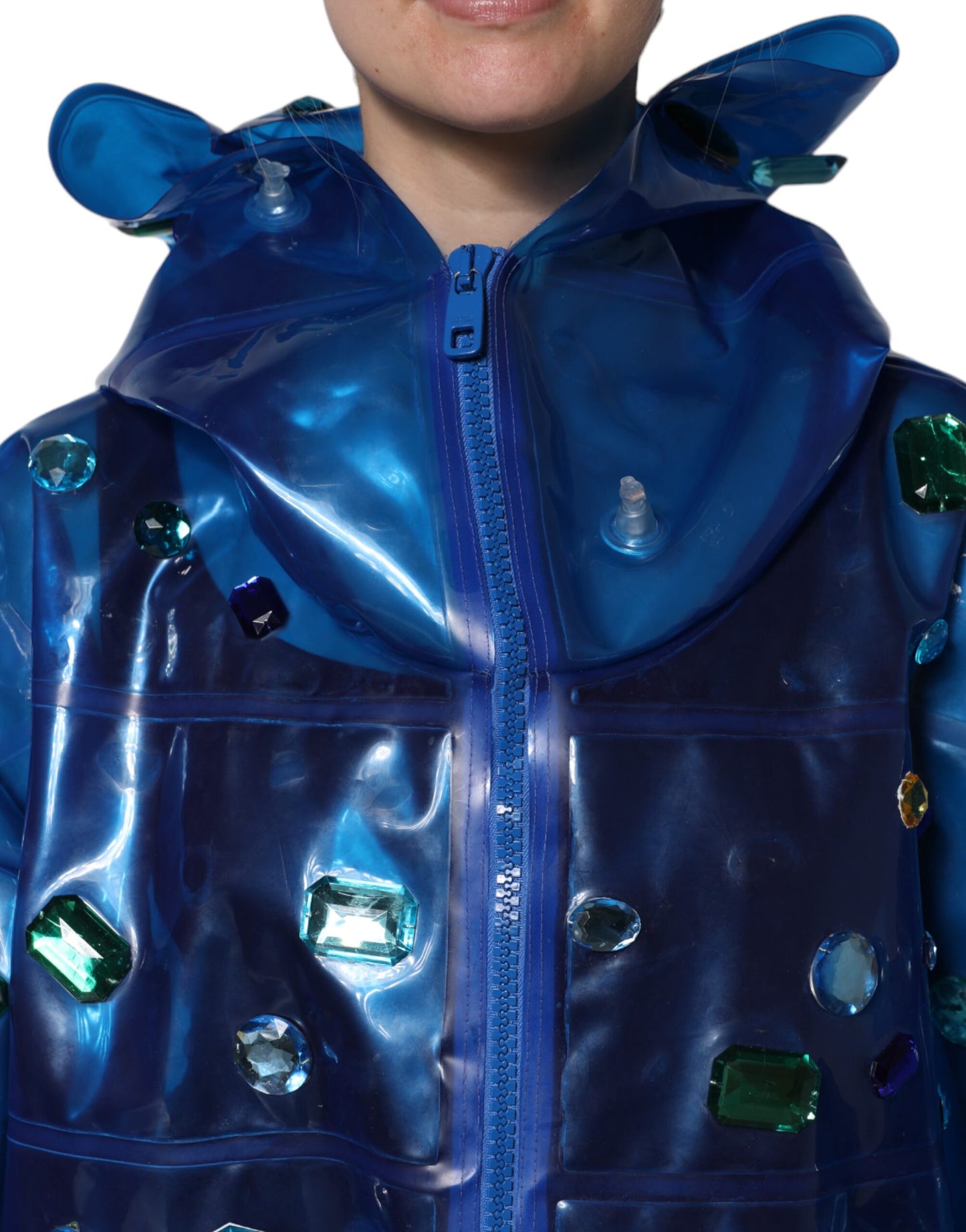 Dolce & Gabbana Blue Crystal Hooded Raincoat Jacket by Dolce & Gabbana