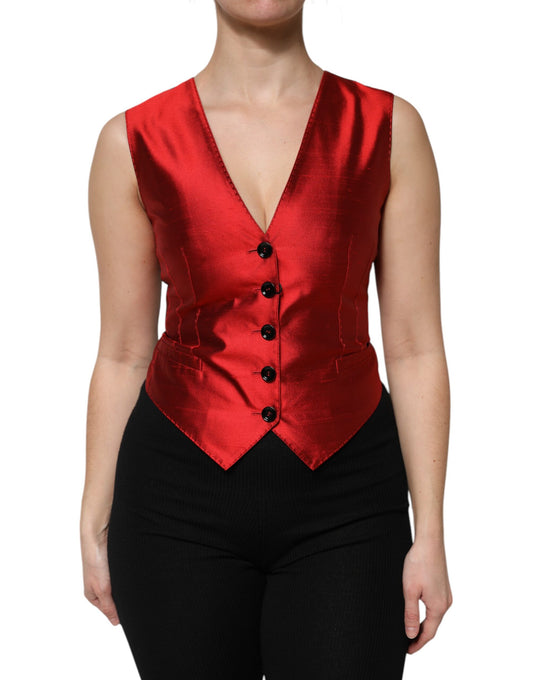 Dolce & Gabbana Red Black Button Down Sleeveless Vest Top by Dolce & Gabbana
