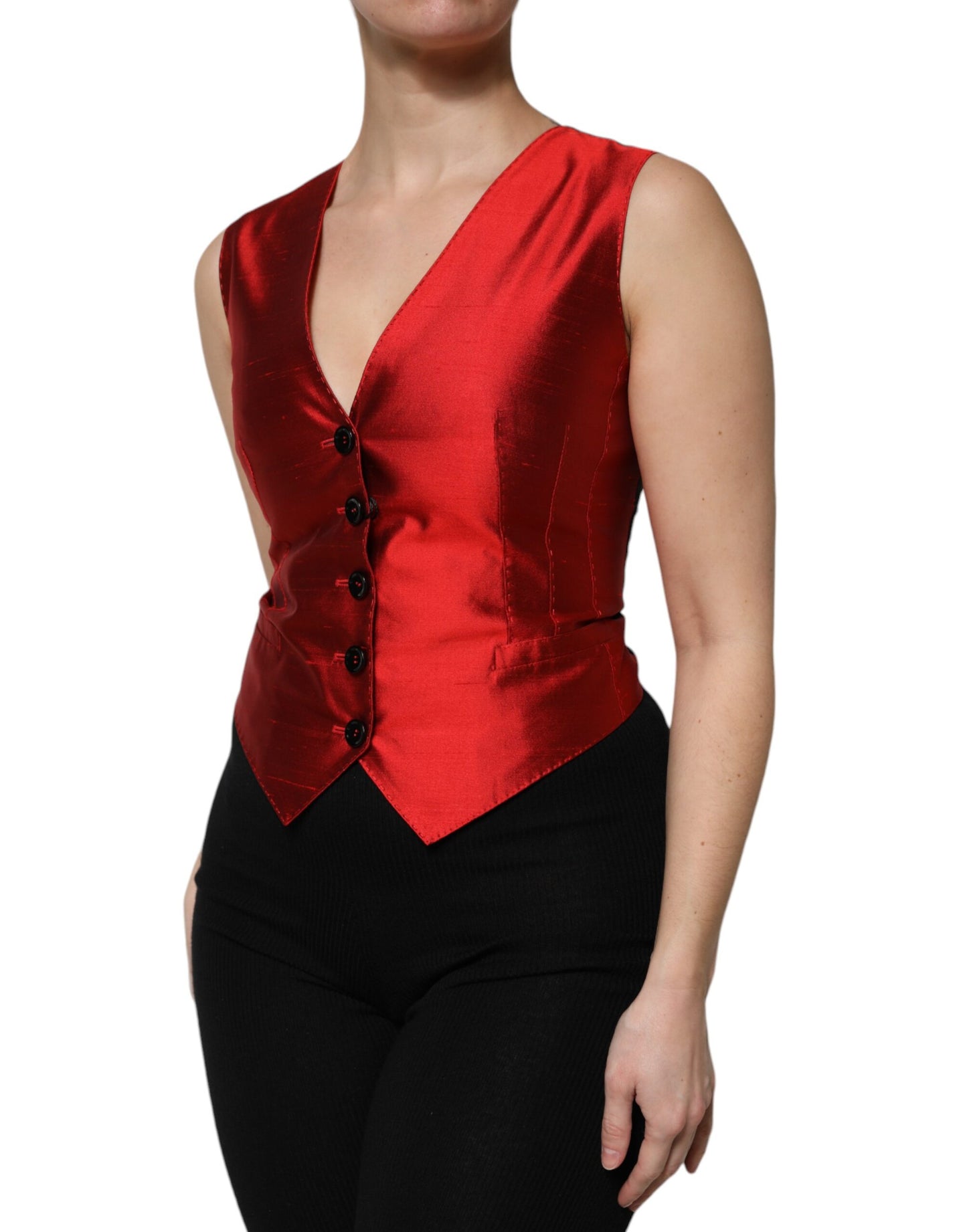 Dolce & Gabbana Red Black Button Down Sleeveless Vest Top by Dolce & Gabbana