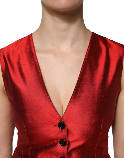 Dolce & Gabbana Red Black Button Down Sleeveless Vest Top by Dolce & Gabbana