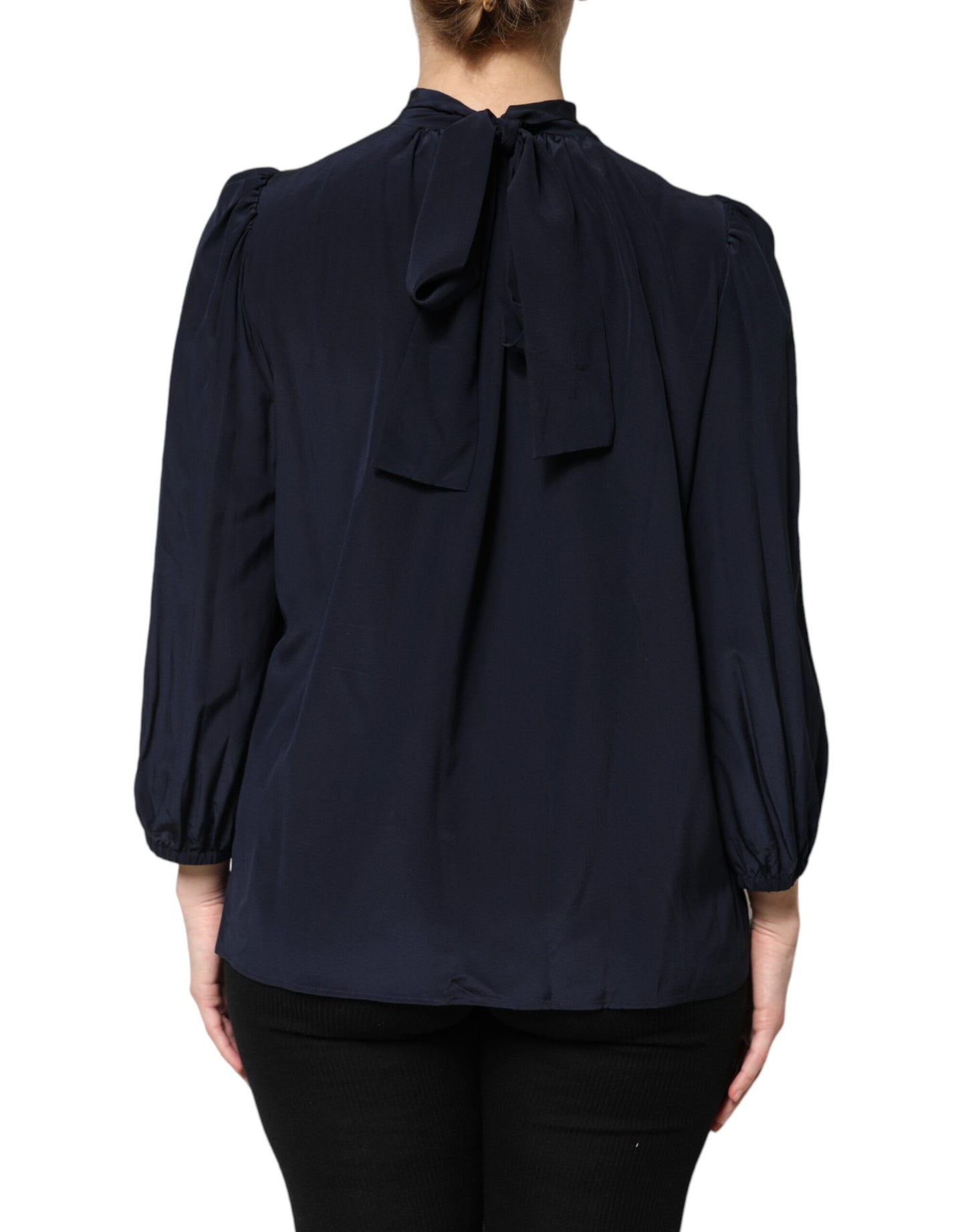 Dolce & Gabbana Blue Silk Mock Neck Long Sleeves Blouse Top by Dolce & Gabbana