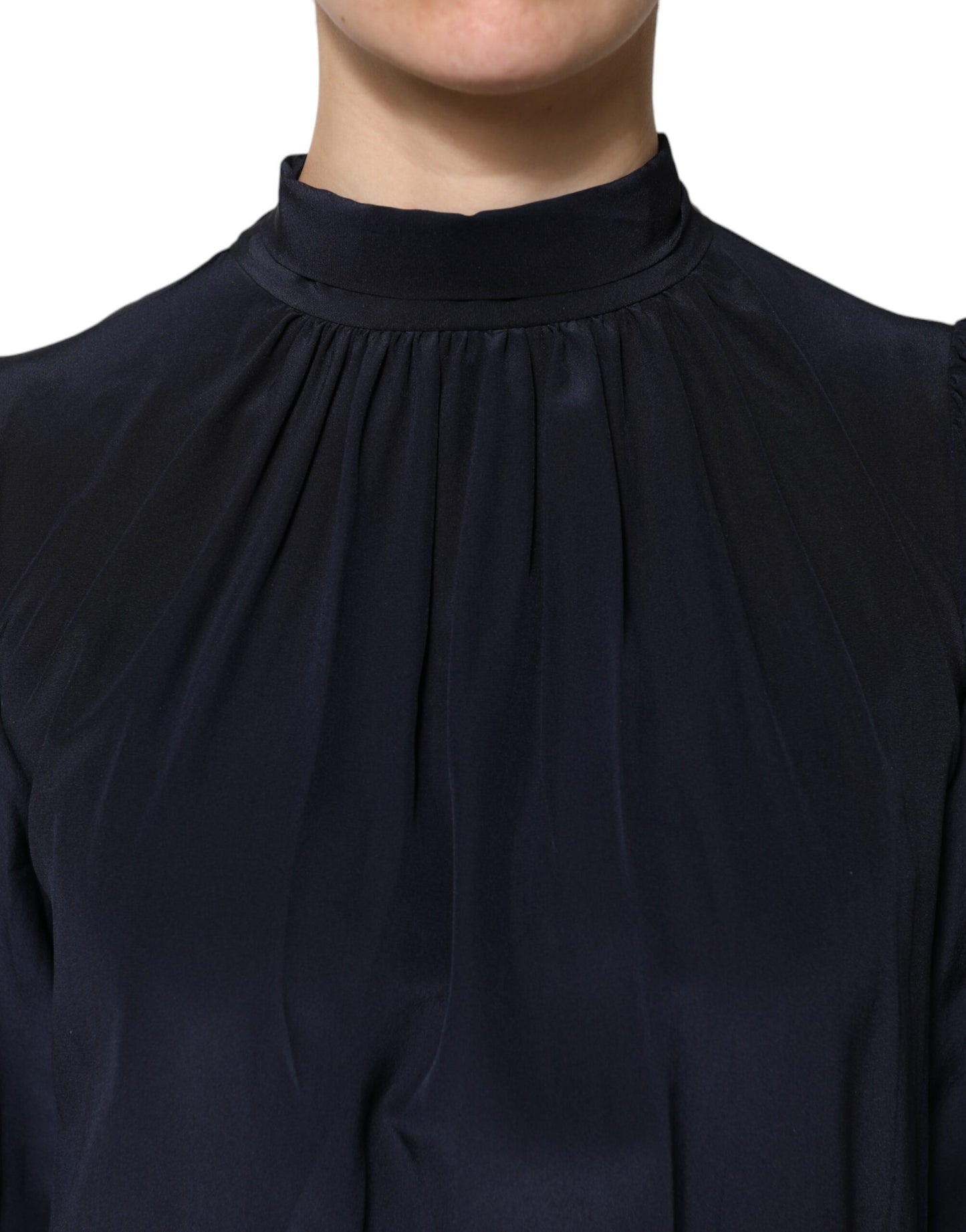 Dolce & Gabbana Blue Silk Mock Neck Long Sleeves Blouse Top by Dolce & Gabbana