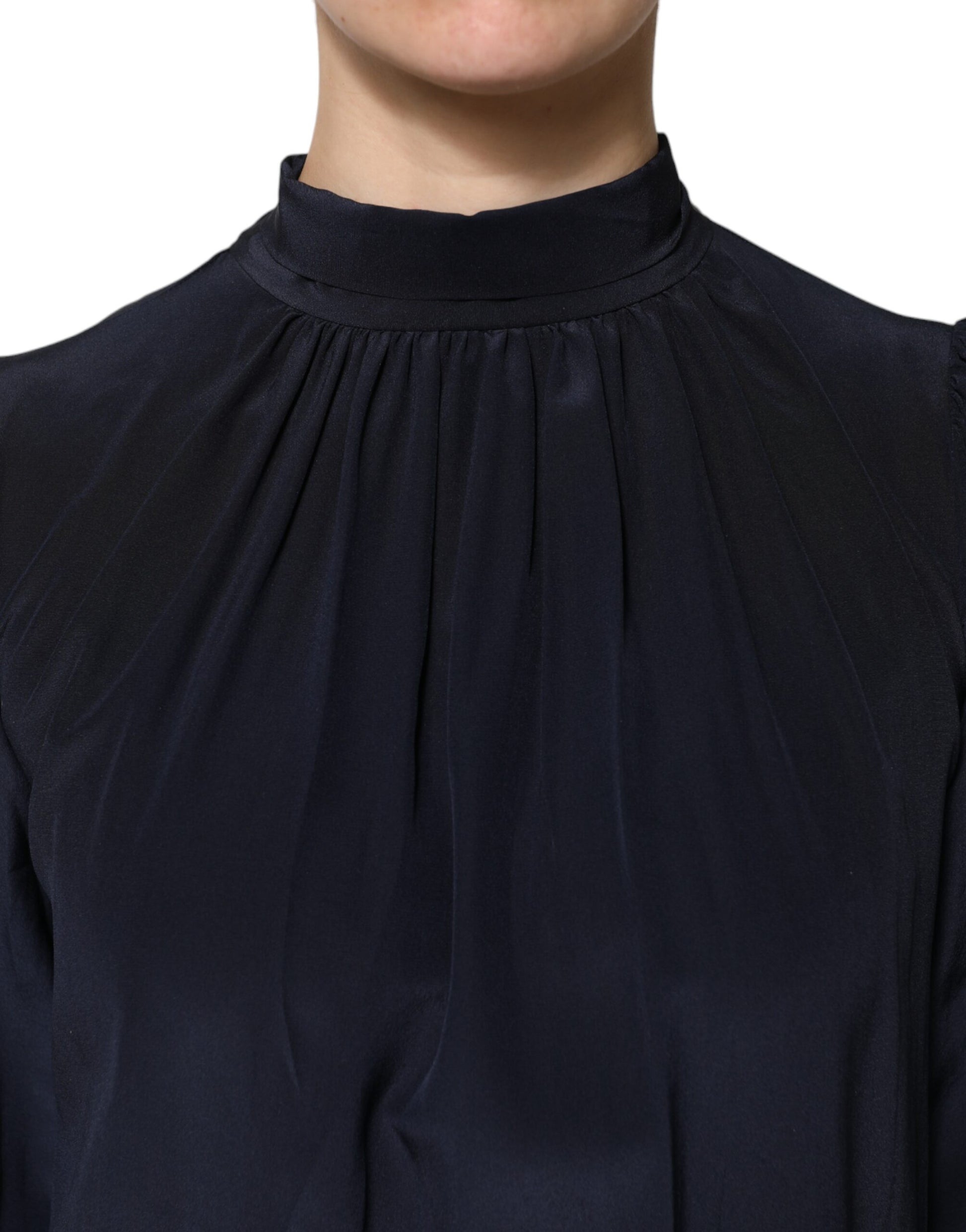 Dolce & Gabbana Blue Silk Mock Neck Long Sleeves Blouse Top by Dolce & Gabbana