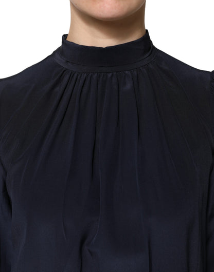 Dolce & Gabbana Blue Silk Mock Neck Long Sleeves Blouse Top by Dolce & Gabbana