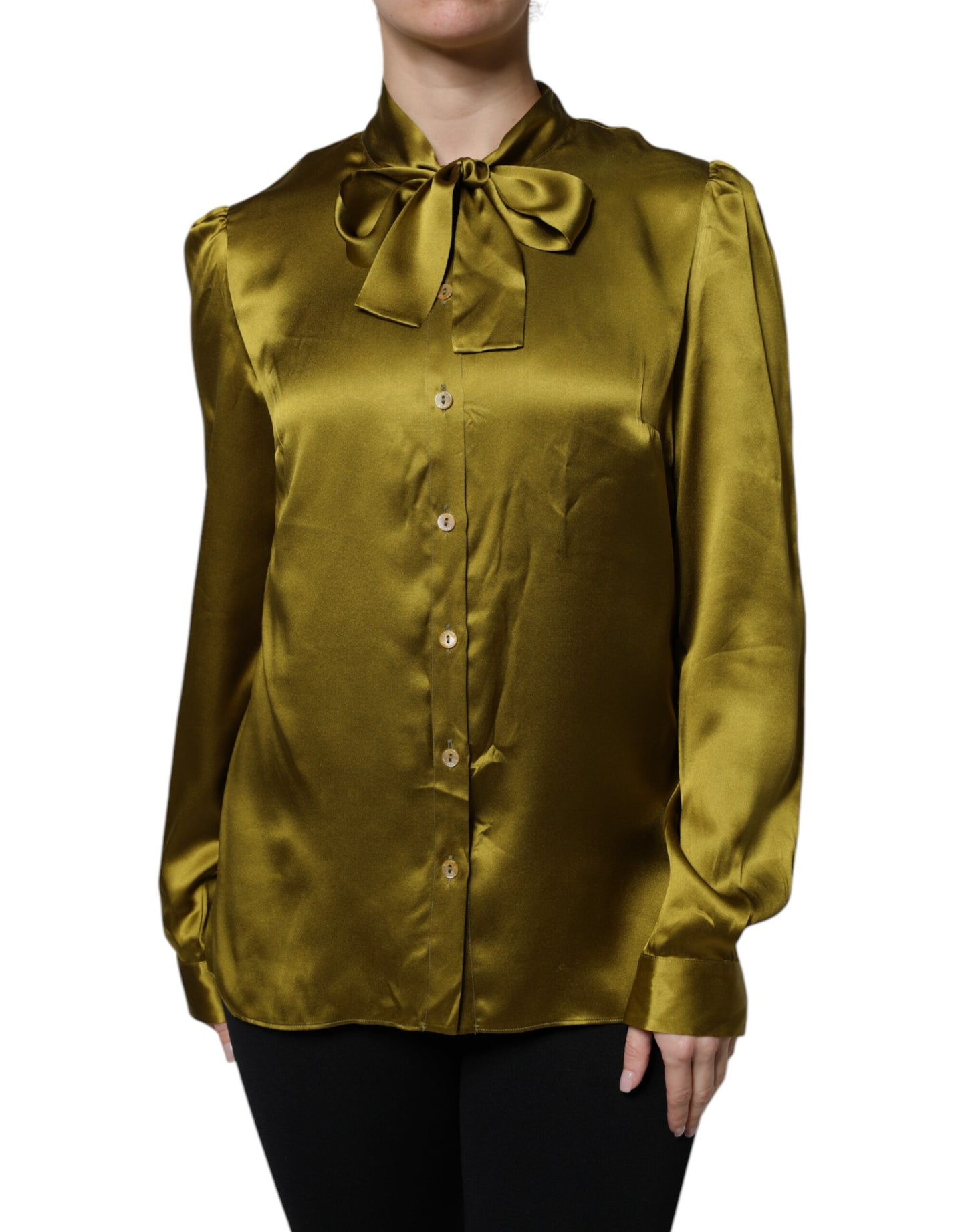 Dolce & Gabbana Green Ascot Collar Long Sleeves Blouse Top by Dolce & Gabbana