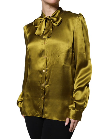 Dolce & Gabbana Green Ascot Collar Long Sleeves Blouse Top by Dolce & Gabbana